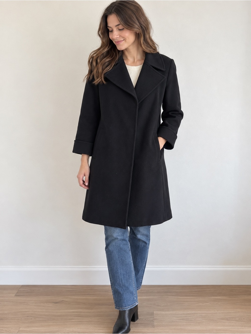 Lauren Ralph Lauren Women’s 10 Black 100% Wool Long Coat 3/4 Sleeve